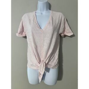 Lilla P Womens Tie Front T Shirt Top V Neck Short Sleeve‎ Pink Small Cotton